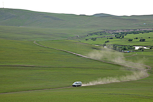 内蒙古呼伦贝尔额尔古纳根河湿地草原上奔驰的汽车