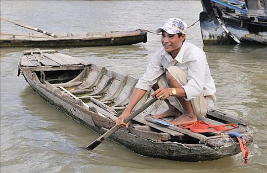 男人,小,划桨船,湄公河三角洲,越南,亚洲