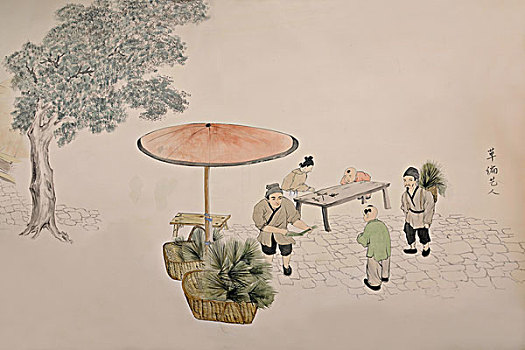 磁器口古镇磁正街民俗文化长廊壁画,草编艺人