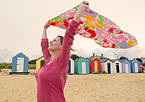 高兴,女人,海滩,毛巾,风