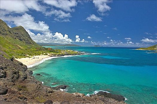 夏威夷,瓦胡岛,景色,海岸,清晰,青绿色,海洋,火山岩,石头
