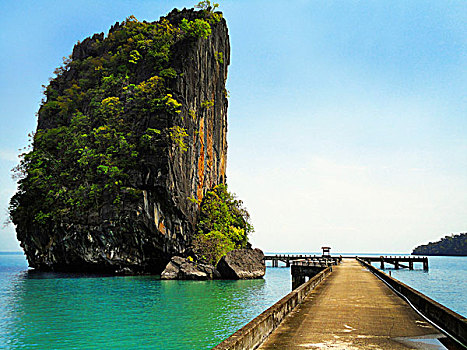 石头,柱子,遮盖,树,叶子,水,海岸,泰国,小船,海洋