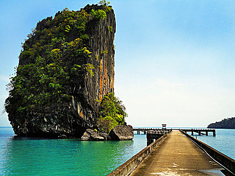 石頭,柱子,遮蓋,樹,葉子,水,海岸,泰國,小船,海洋