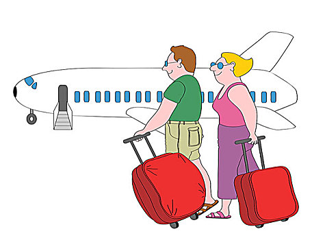 伴侣,手提箱,走,飞机,插画