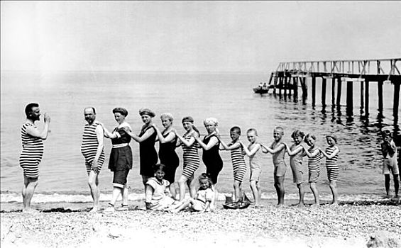 历史,照片,人,站立,排列,高度,器官,海滩,20年代