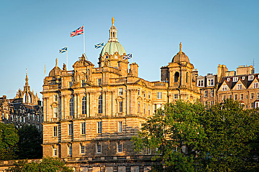 旗帜,上方,银行,苏格兰,建筑,日落,爱丁堡