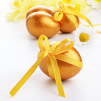 金色,复活节彩蛋,蝴蝶结,上方,花,背景