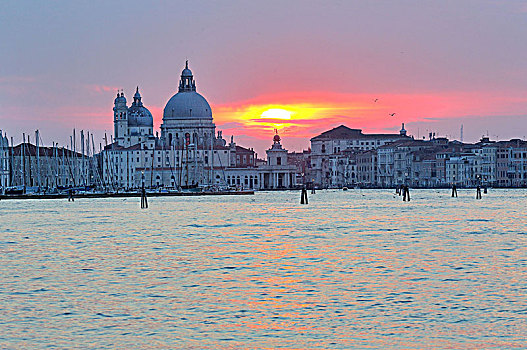 水岸,教堂,圣马利亚,行礼,威尼斯,威尼托,意大利,世界遗产,日落
