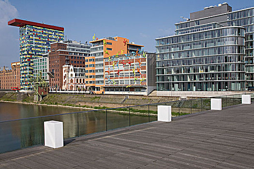 办公室,建筑,媒体,港口,步行桥,现代建筑,莱茵河,杜塞尔多夫,北莱茵威斯特伐利亚,德国