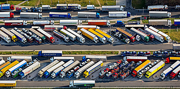 高速公路,服务,驾驶,卡车,停放,商品,运输,长途,货运,图案,满,停车场,莱茵兰,北莱茵威斯特伐利亚,德国