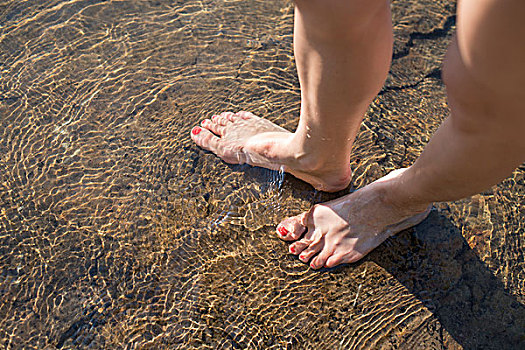 女人,赤脚,沙子,湖,岸边