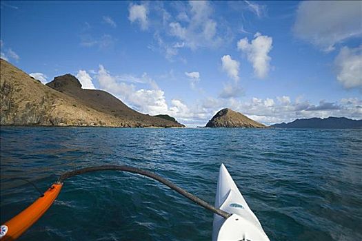 夏威夷,瓦胡岛,船首,一个,男人,独木舟,划船,莫库鲁阿岛,岛屿