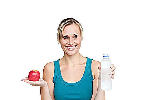 健康,女人,拿着,苹果,水瓶,白色背景