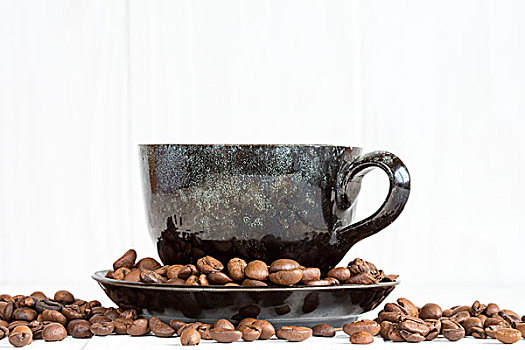 咖啡杯,白色背景,咖啡豆