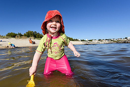幼儿,太阳帽,水,兰不拉,海滩,蒙得维的亚,乌拉圭,南美