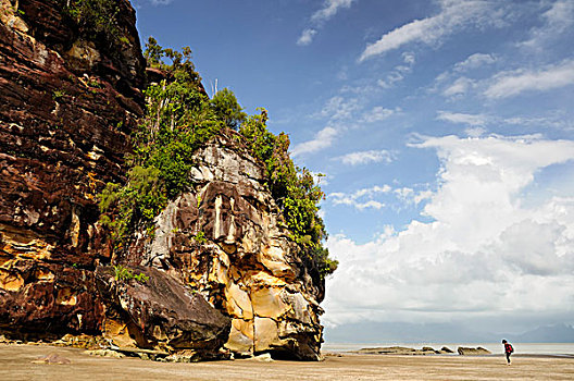 马来西亚,婆罗洲,沙捞越,巴戈国家公园,女人,走,阿萨姆邦,海滩,靠近,悬崖,石头