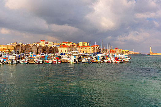 老,港口,早晨,哈尼亚,克里特岛,希腊