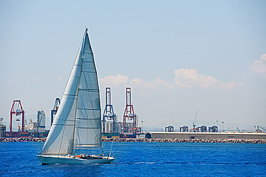 瓦伦西亚,城市港口,帆船,起重机,背景,西班牙