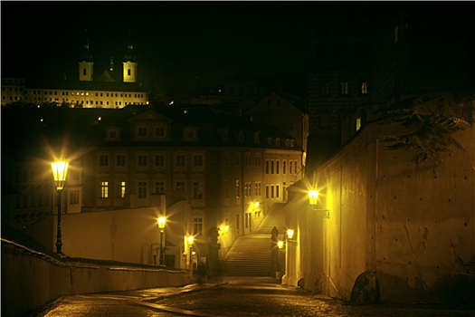 夜晚,小路,雾,布拉格,捷克共和国