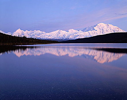 美国,阿拉斯加,日落,旺湖,反射,麦金利山,德纳里峰国家公园