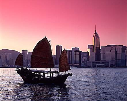 中国,香港,维多利亚港,帆船,日出