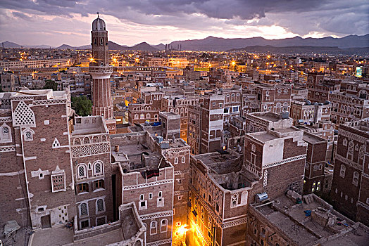 俯拍,上方,屋顶,建筑,老城,萨那,也门,世界遗产,传统建筑,房子,许多,装饰,檐壁