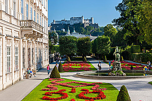 米拉贝尔,宫殿,花园,喷泉,霍亨萨尔斯堡城堡,背影,萨尔茨堡,奥地利,欧洲