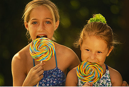 肖像,两个女孩,吃,冰糕,户外