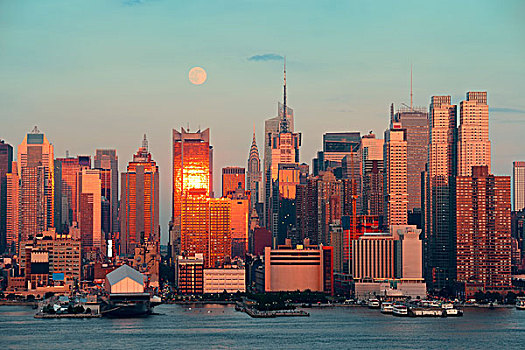 月亮,上方,曼哈顿中城,日落