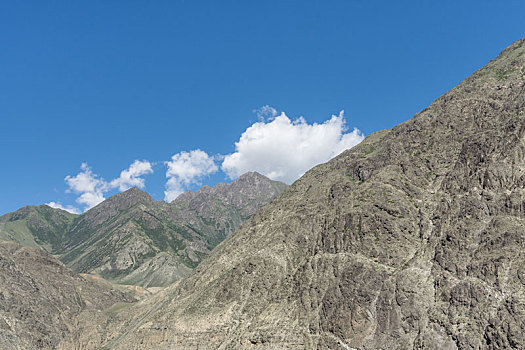 中国新疆夏季蓝天白云下g217独库公路沿途高山戈壁风景