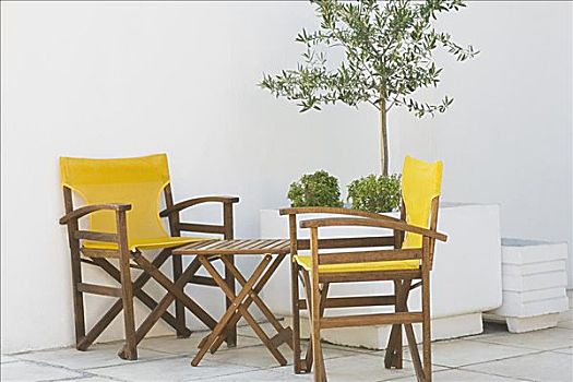 两个,椅子,桌子,靠近,盆栽,希腊