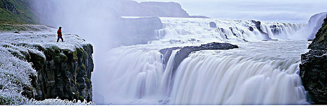 人,边缘,瀑布,冰岛