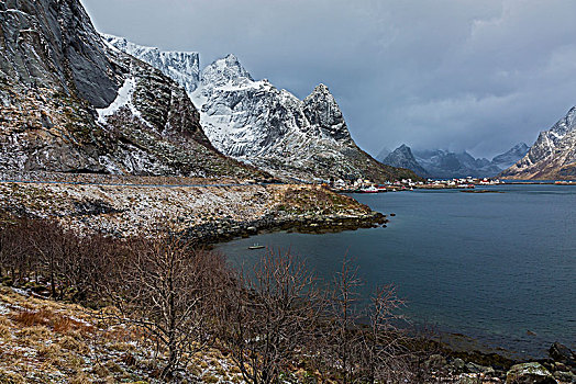 雪,崎岖,山,水,瑞恩,罗弗敦群岛,挪威