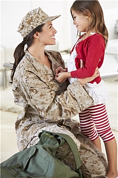 女儿,问候,军事,母亲,家,离开