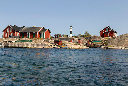 红色,木屋,灯塔,岩石海岸,斯德哥尔摩群岛,群岛,岛屿,瑞典,欧洲