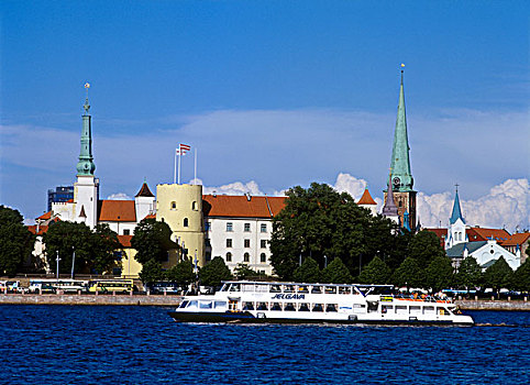 城堡,教堂,游轮,渡轮,道加瓦河,河,老城,拉脱维亚