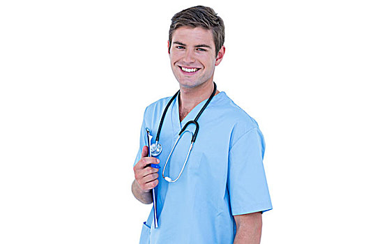 年轻,医护人员,蓝色,长套衫,微笑,摄影,白色背景