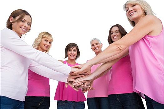 女人,姿势,圆,握手,看镜头,穿,粉色,乳腺癌