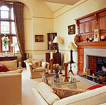 大,壁炉,苍白,木质,围绕,客厅,英国,郊区住宅