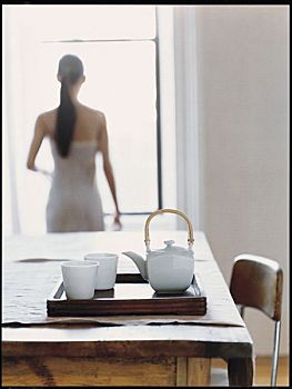 托盘,茶,事物,木桌子,女人,背景