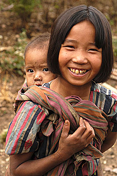 12岁,种族,孩子,兄弟姐妹,背影,块,布,乡村,南方,下巴,缅甸