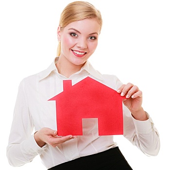 职业女性,地产中介,拿着,红色,纸,房子