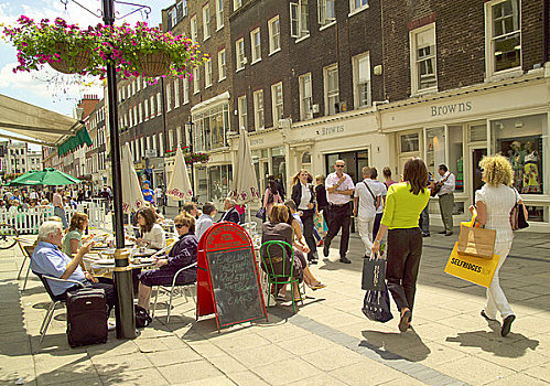 英格兰,伦敦,人,吃饭,户外,红岩,咖啡,南,街道