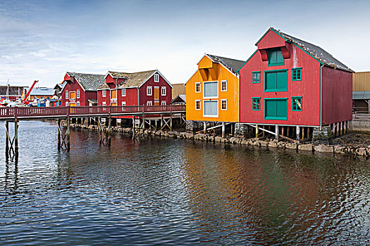 红色,黄色,木屋,沿岸,挪威,渔村
