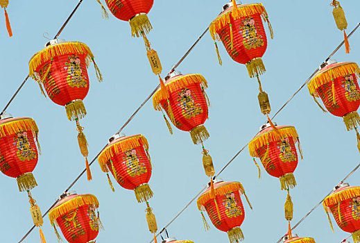 中国,红灯笼,悬挂,蓝色背景,天空