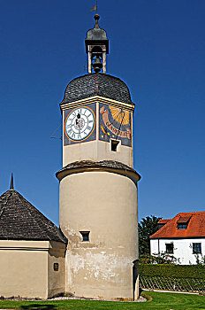 老,钟表,塔,16世纪,城堡,复杂,布格豪森,上巴伐利亚,德国,欧洲