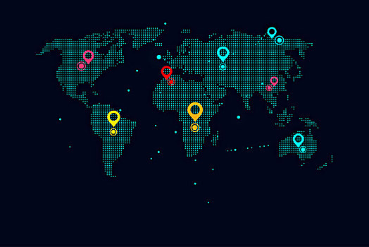像素世界地图,gps定位构成世界大数据科技背景,寓意全球化,国际化,科学技术概念