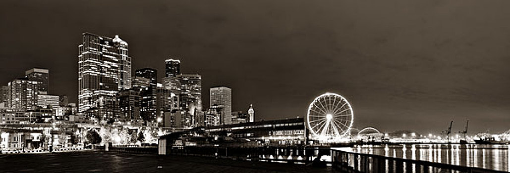 西雅图,水岸,风景,城市,建筑,夜晚