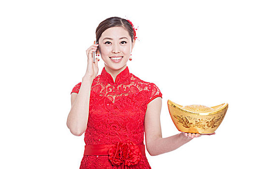 年轻,亚洲女性,红色,旗袍,金条,手机,春节