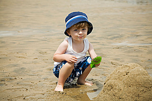 男孩,肖像,玩,沙子,海滩